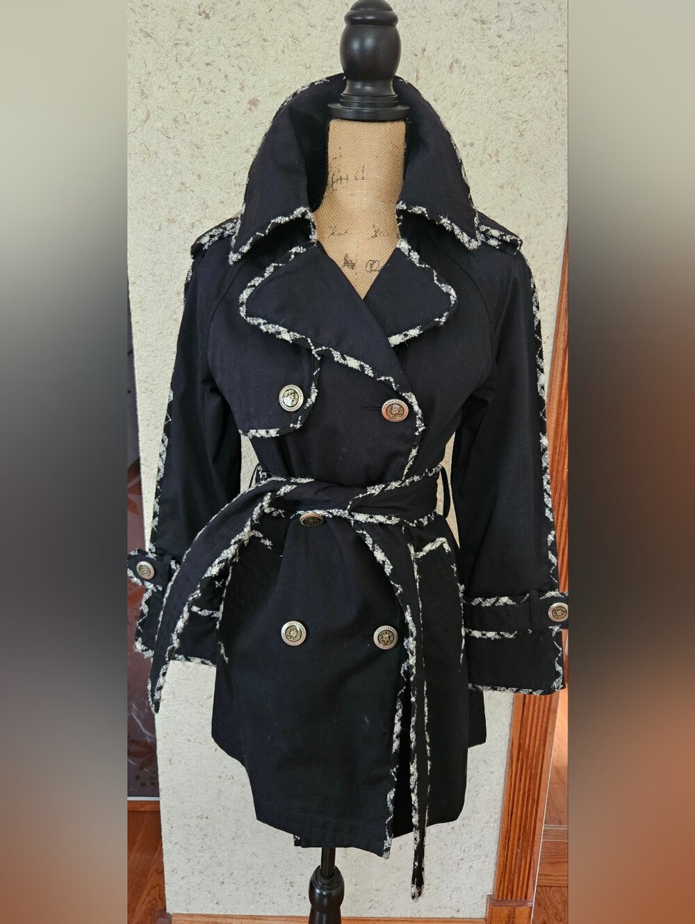 Black Women's Trench Coat with Contrast Trim